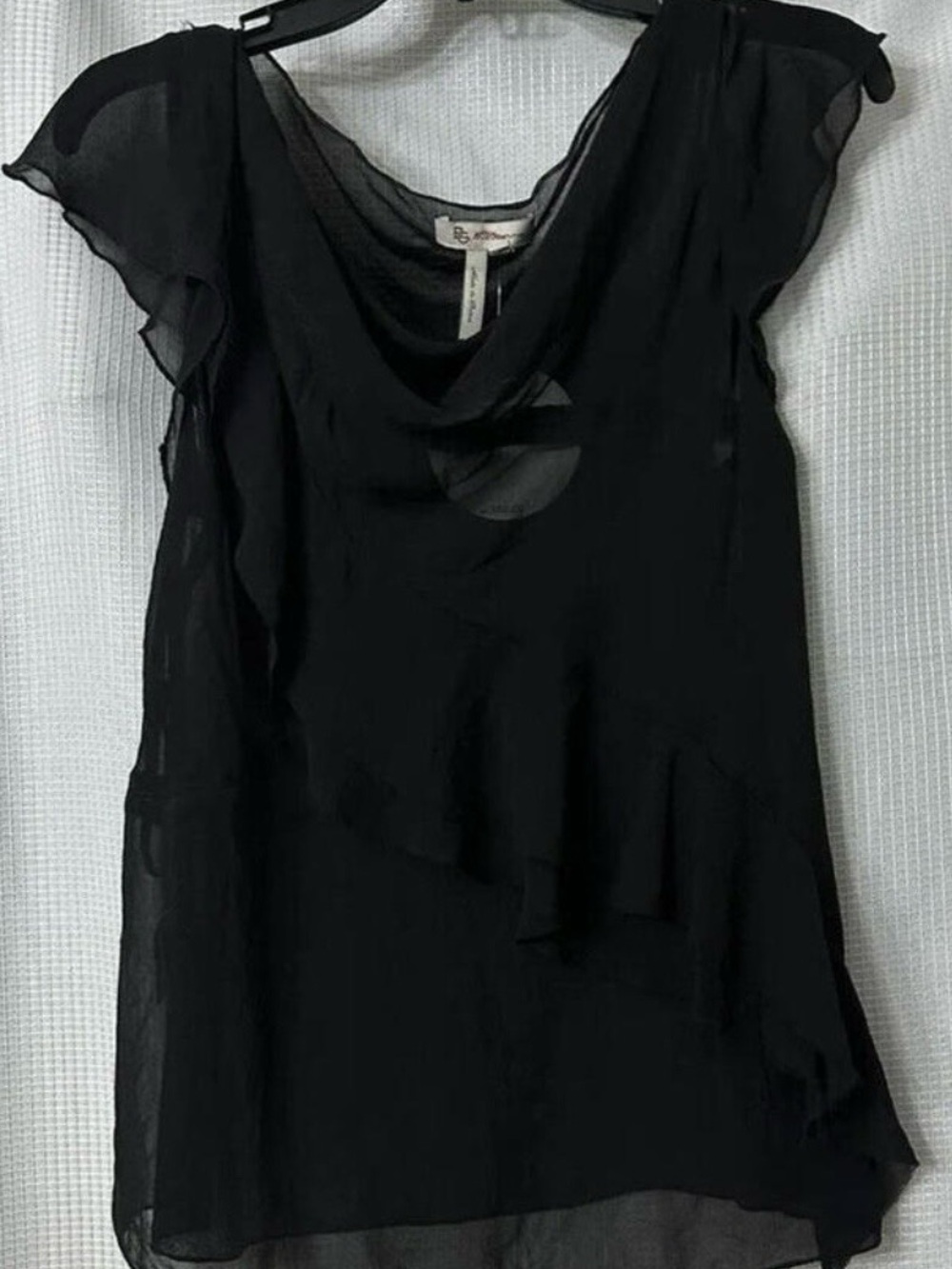 BCBGeneration Black Sheer Ruffle-Detail Cap Sleeve Top